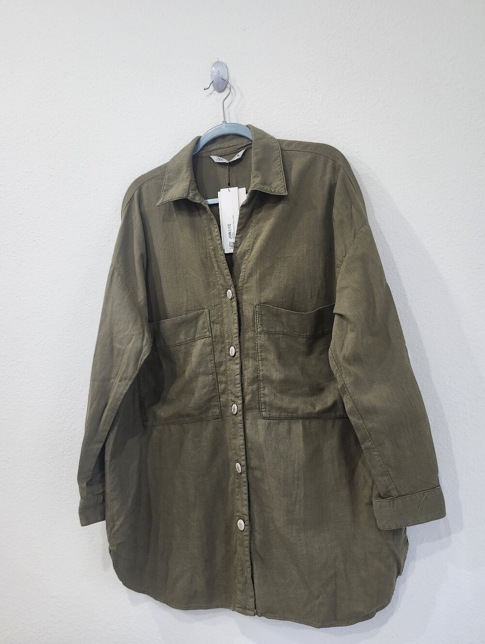 ZARA Olive Green Oversized Utility Shacket Shirt Jacket Cotton Size Large NWT - Picture 2 of 6